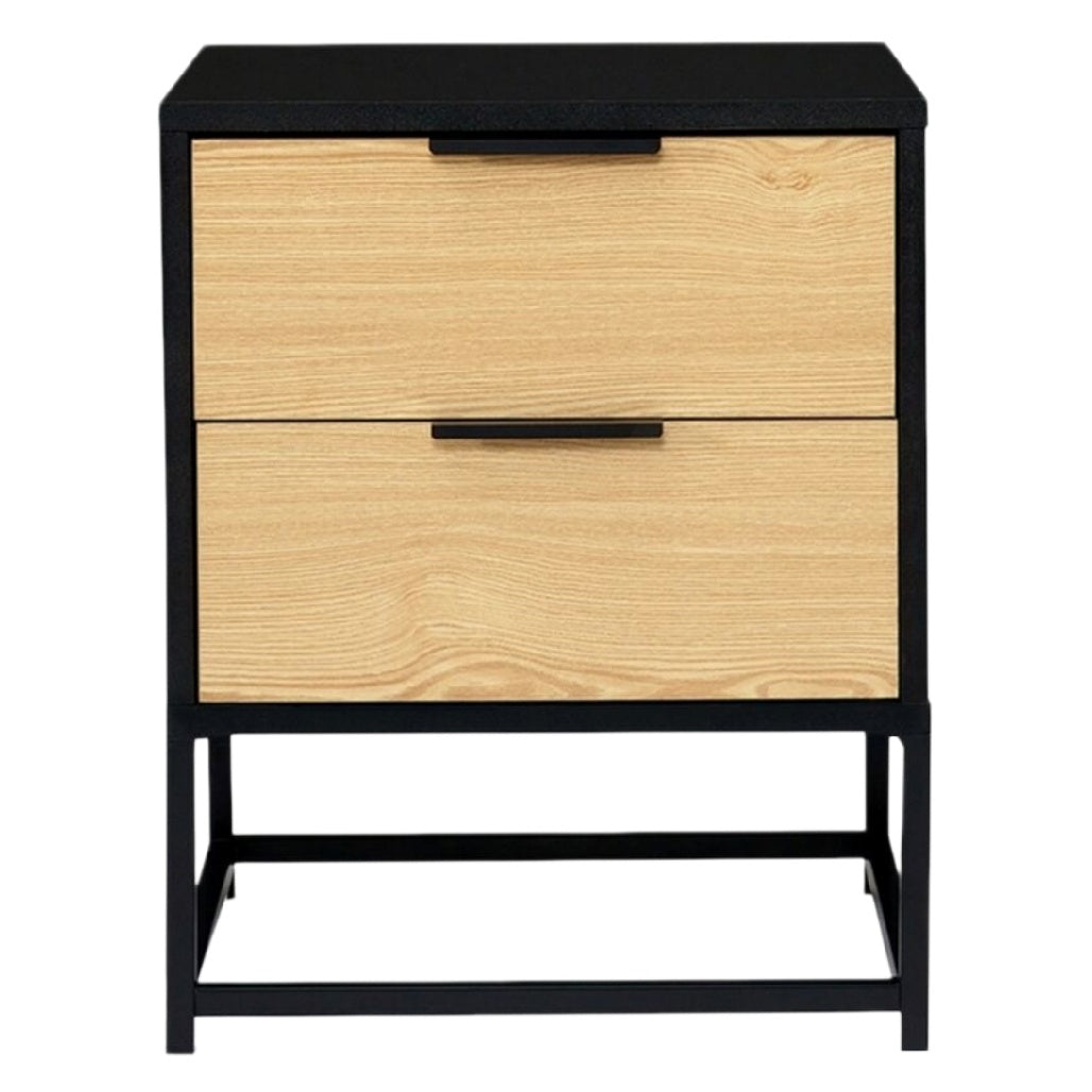Moderne Nachttisch mit Holzschubladen und Metallgestell